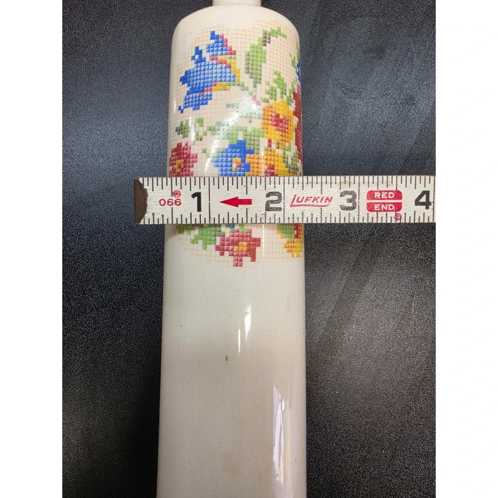 Vintage Ceramic Water Filled Rolling Pin Floral Cross Stitch Cream 15.5in